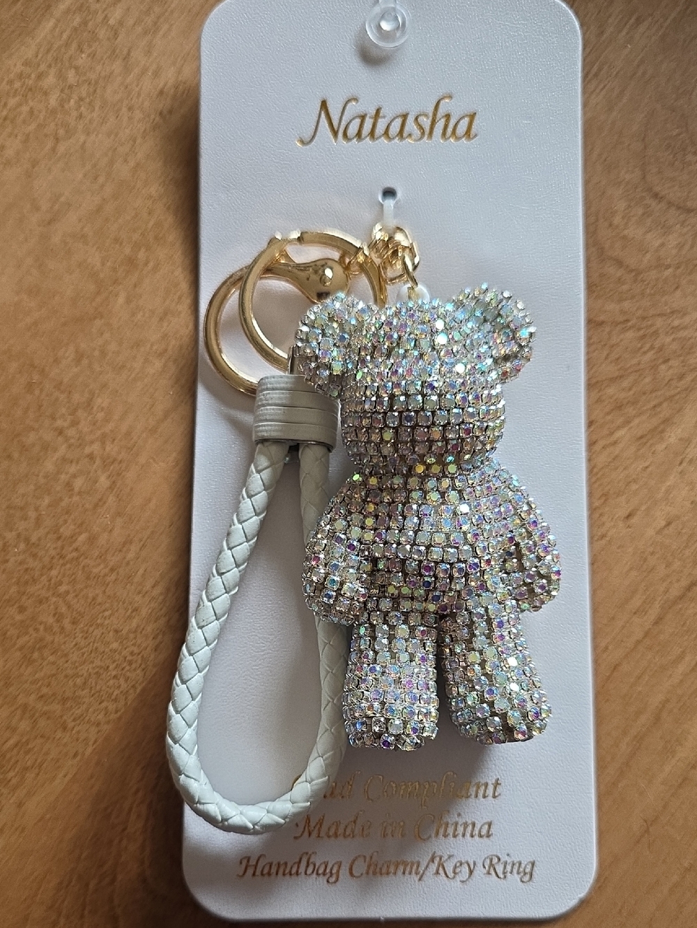 Viral Natasha Sparkling Rhinestones Bear Bag Charm/Key Ring with White Strap